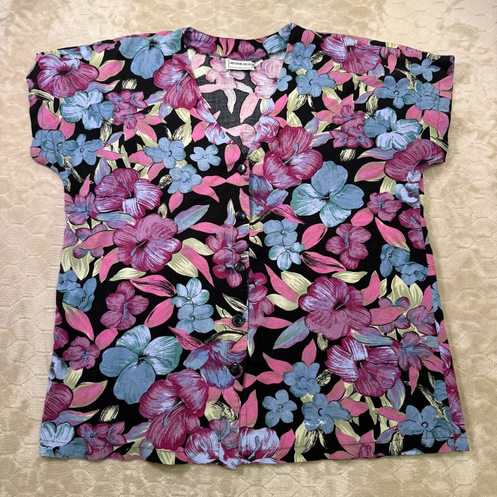 Vintage 90s California Krush Purple‎ Hawaiian Floral Button Front Shirt Sz XL